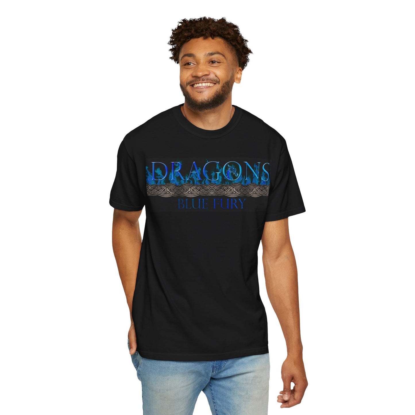 Unisex Heavy Cotton Tee:  "Dragons" [Blue Fury-Banner/Panel]