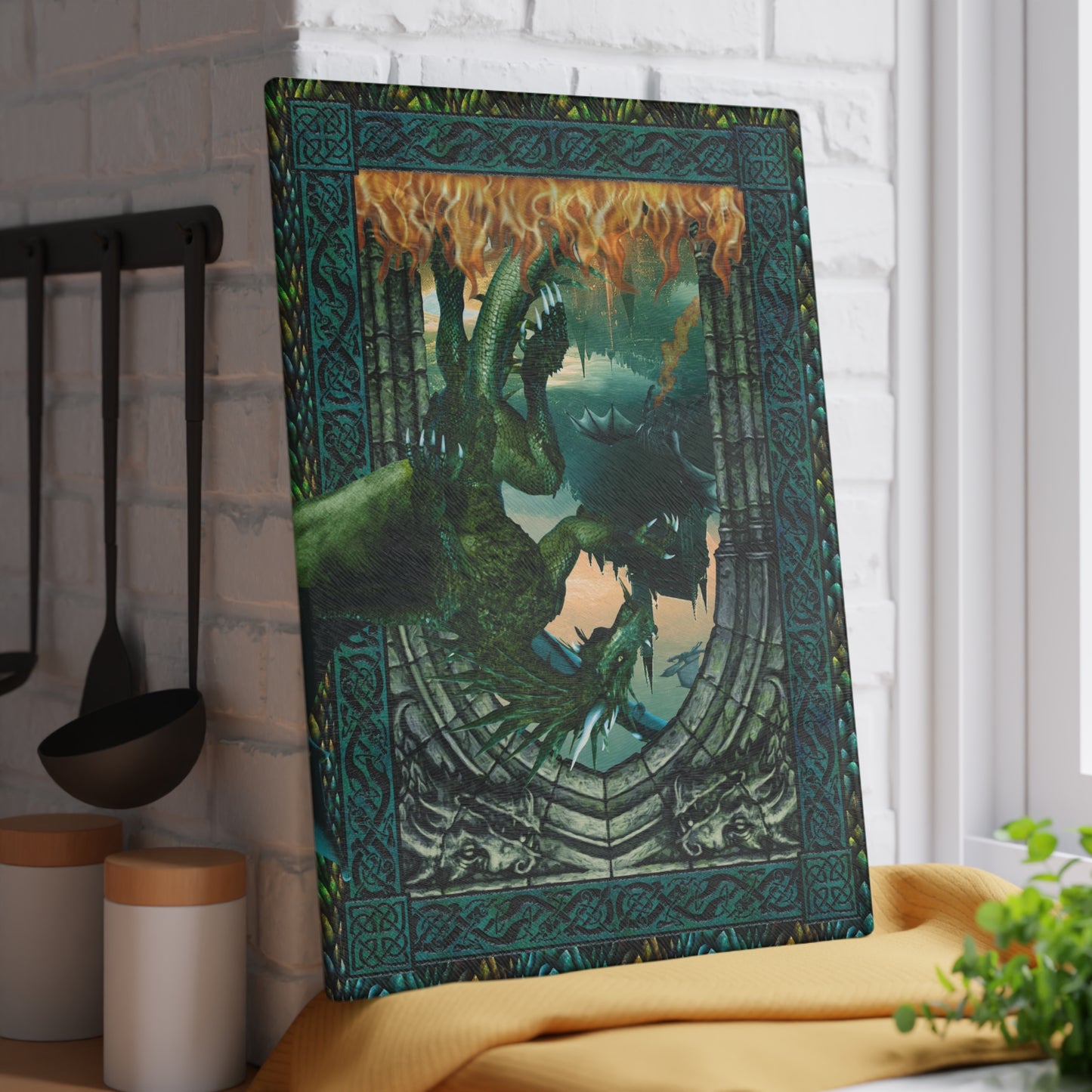 Glass Cutting Board (11"x15"):  Emerald Dragons [Panel]