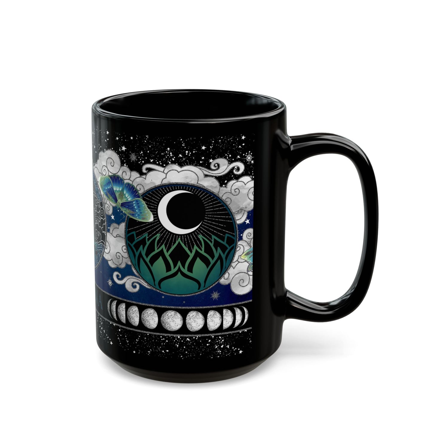 Black Mug-15oz:  "LA LUNA 2" Border
