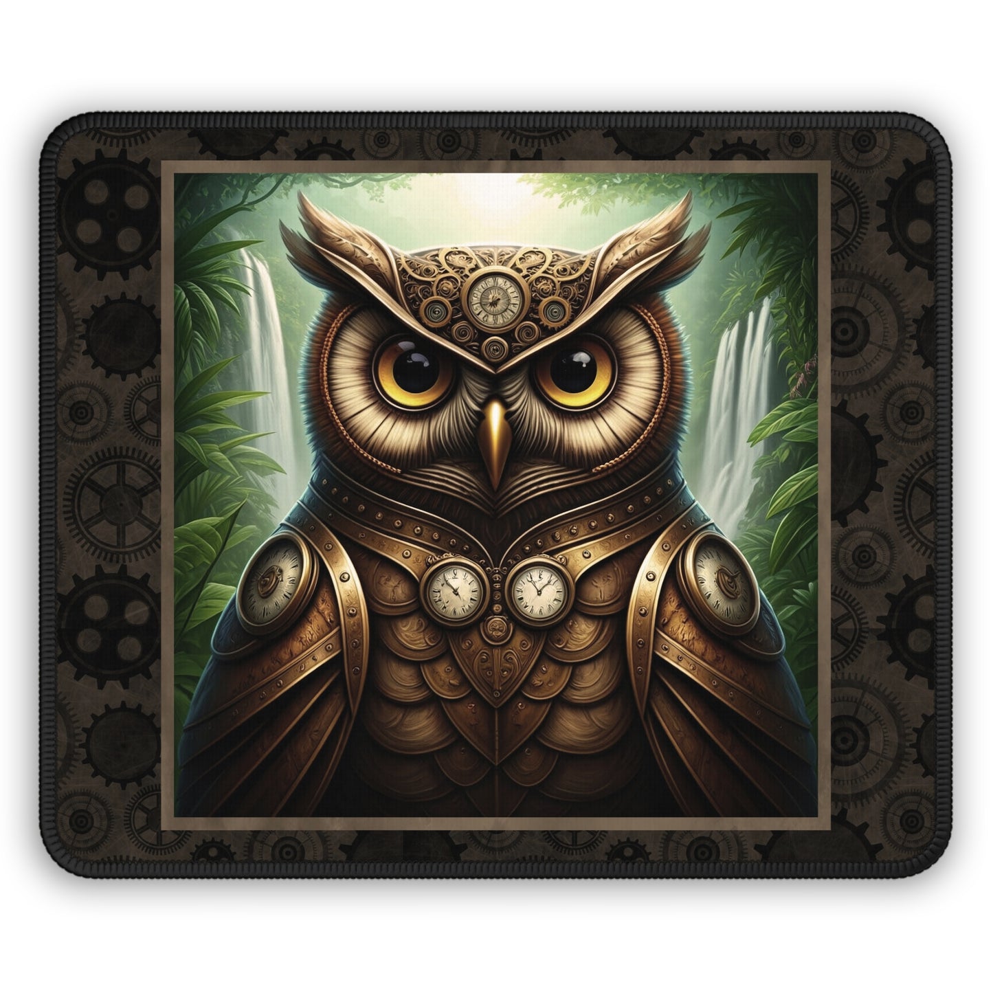 Steampunk Owl Gaming Mouse Pad — Mechanical Clockwork Forest Design
