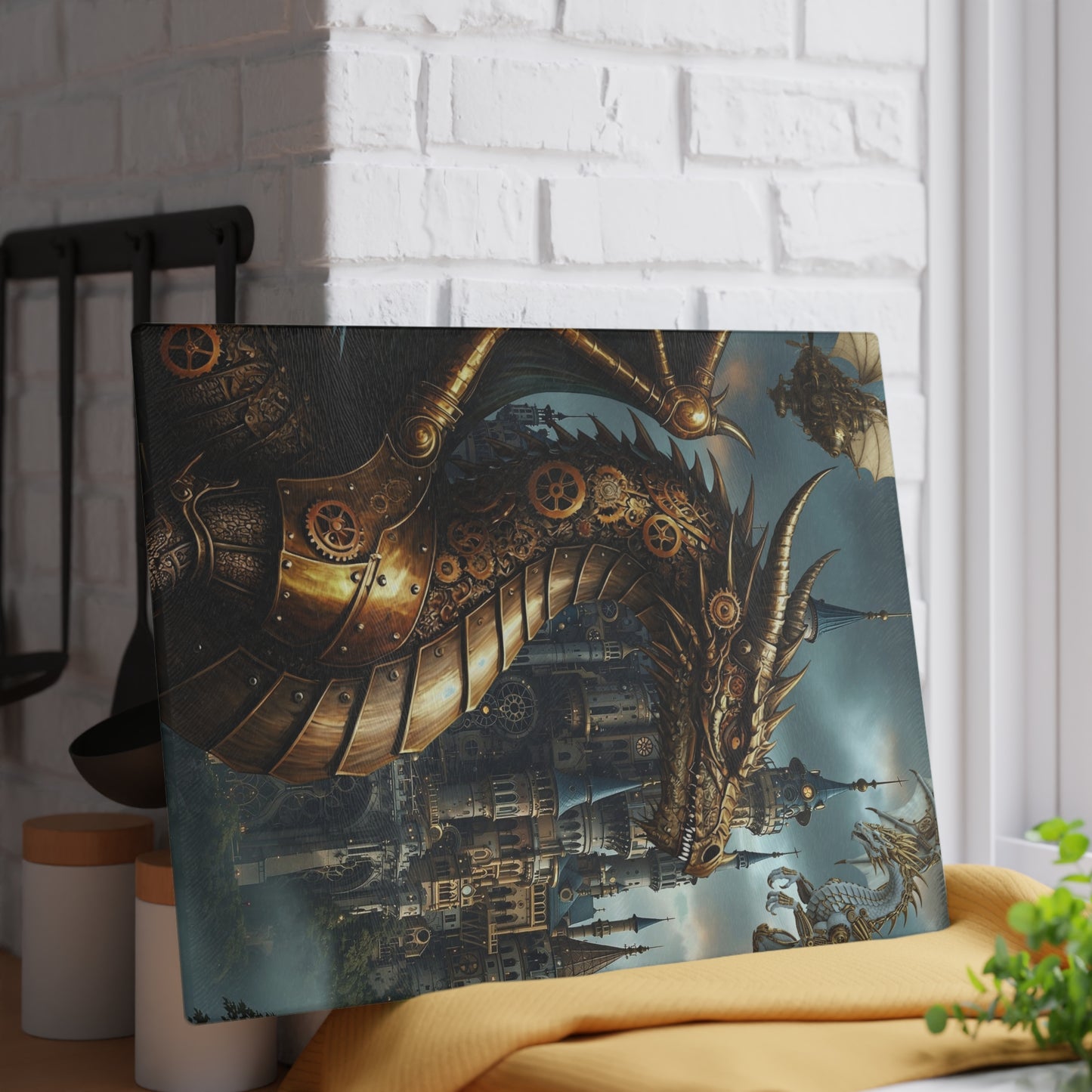 Glass Cutting Board (11"x15"):  Steampunk Dragons [Dragon Head Panel]