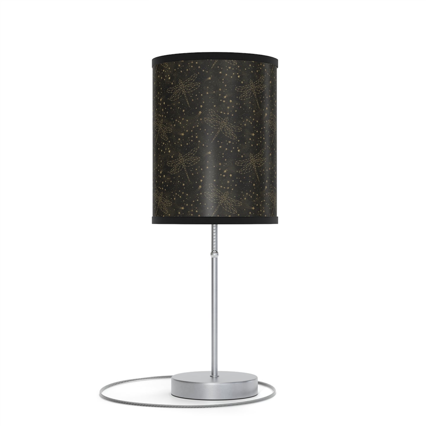 Table Lamp: Silver W/Black Trim; The Sun, The Moon, and The Stars [Gold Sparkle Dragonflies]
