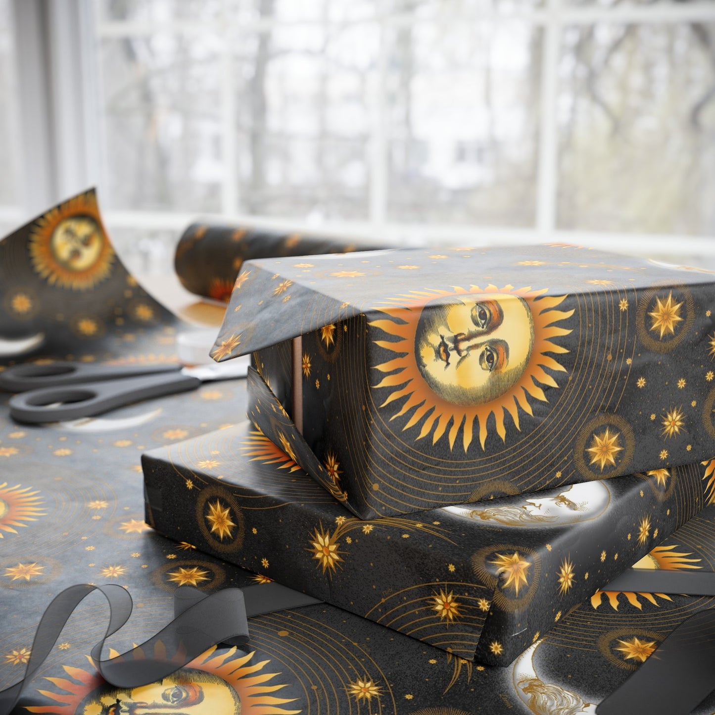 Wrapping Paper:  Celestial [Black-Haze Suns/Moons]