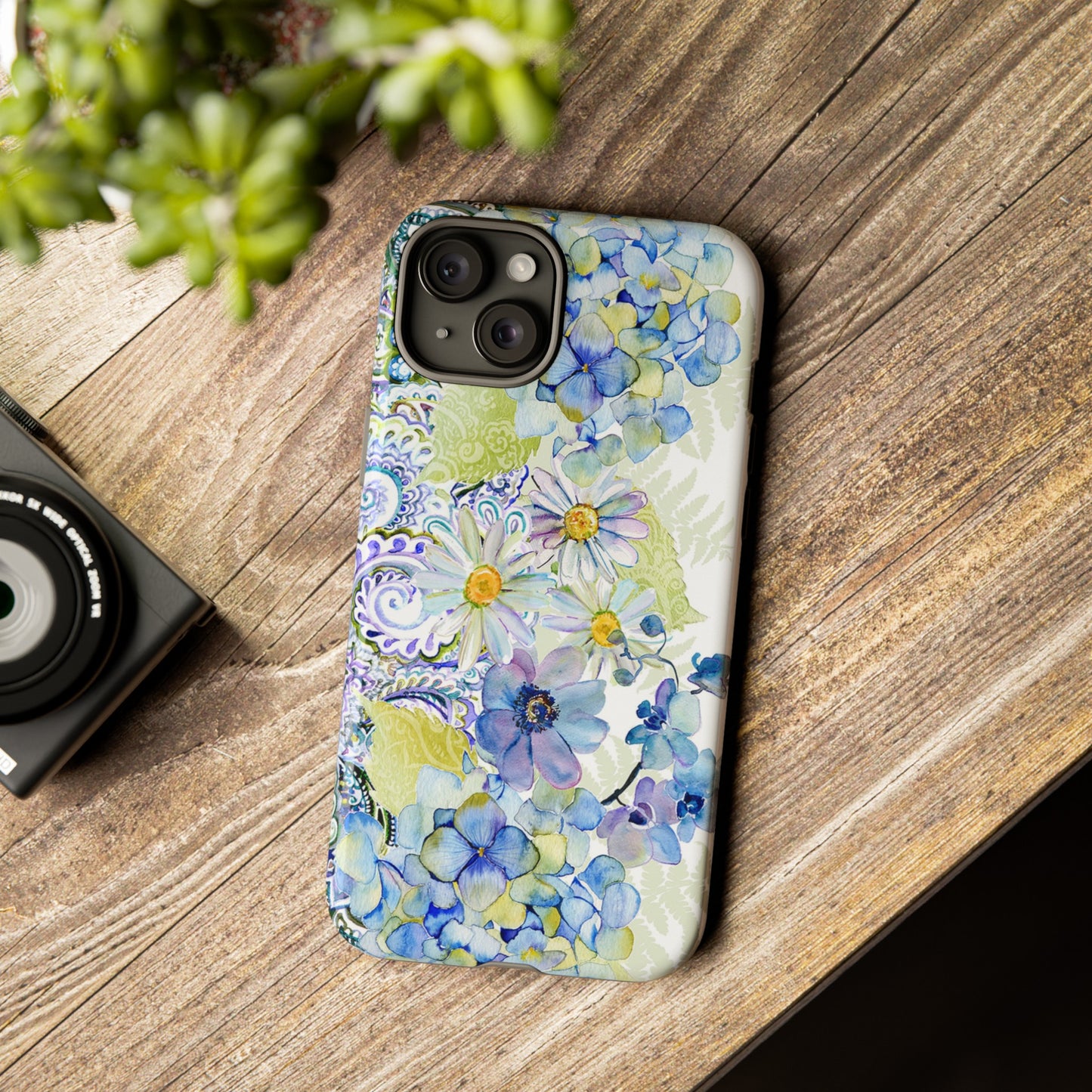 Apple I-Phone 15 (Series) Tough Case-Phone Case:  Leah [Light Blue Flower Border]