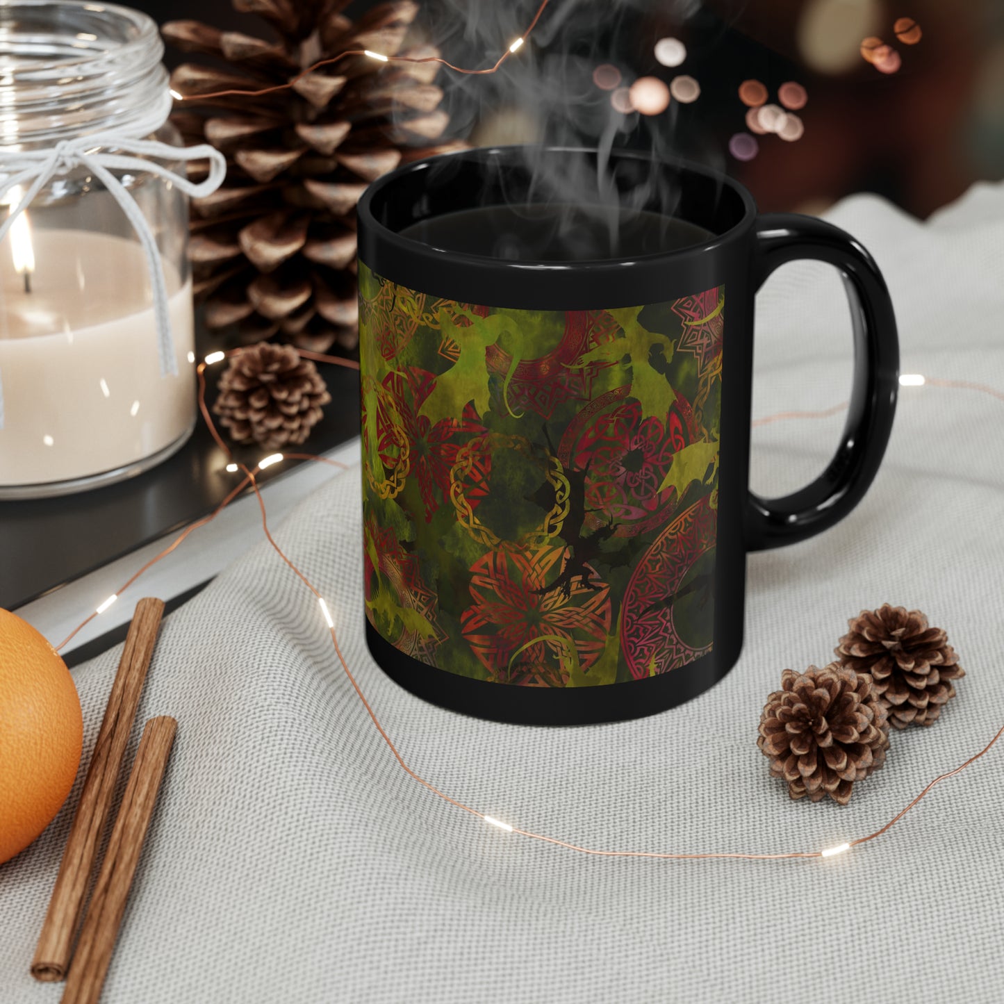 Ceramic Mug:  Black; Dragons [Green Panel]