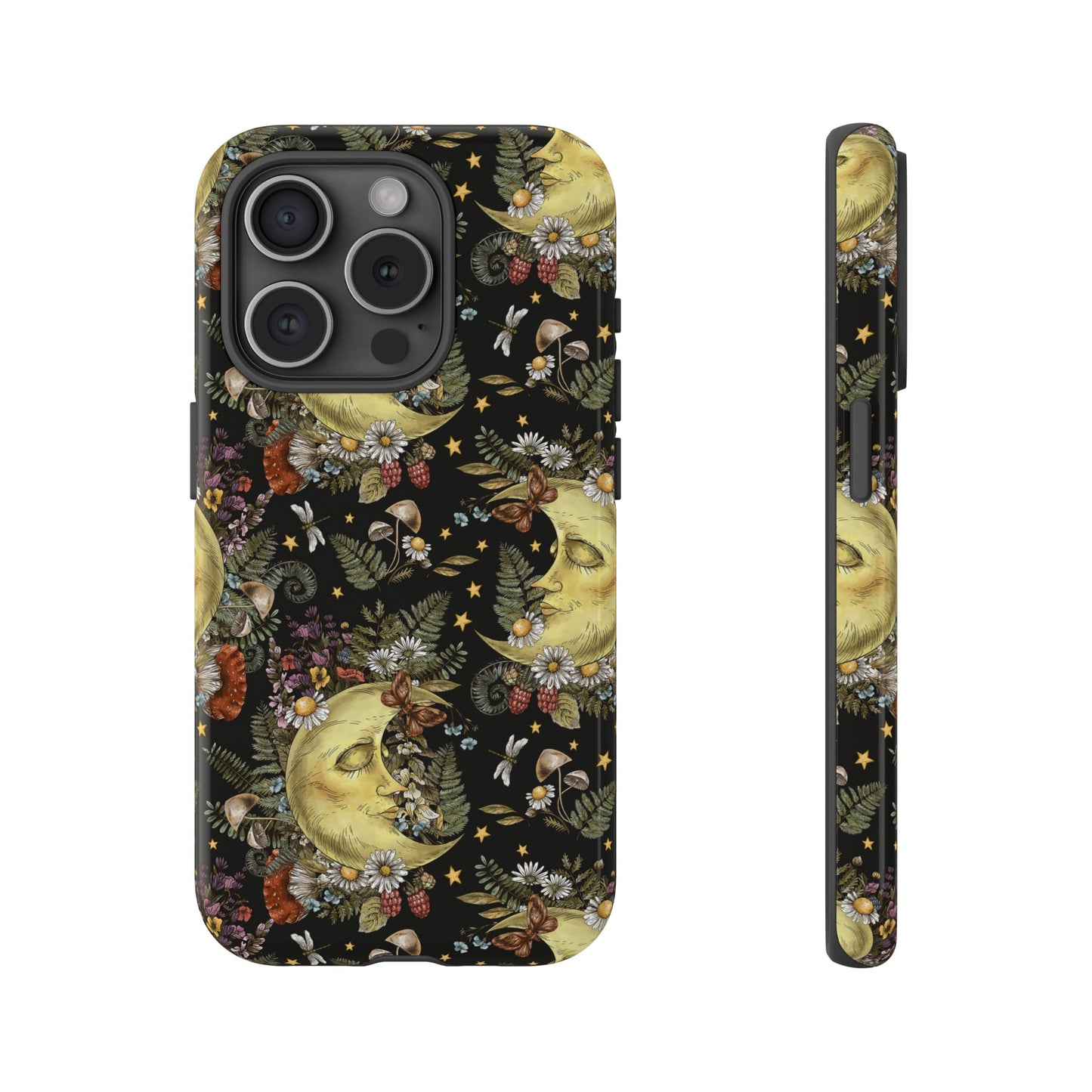 Apple I-Phone 15 Tough Case-Phone Case:  The Sun, The Moon, And The Stars [Moons With Flowers-2]