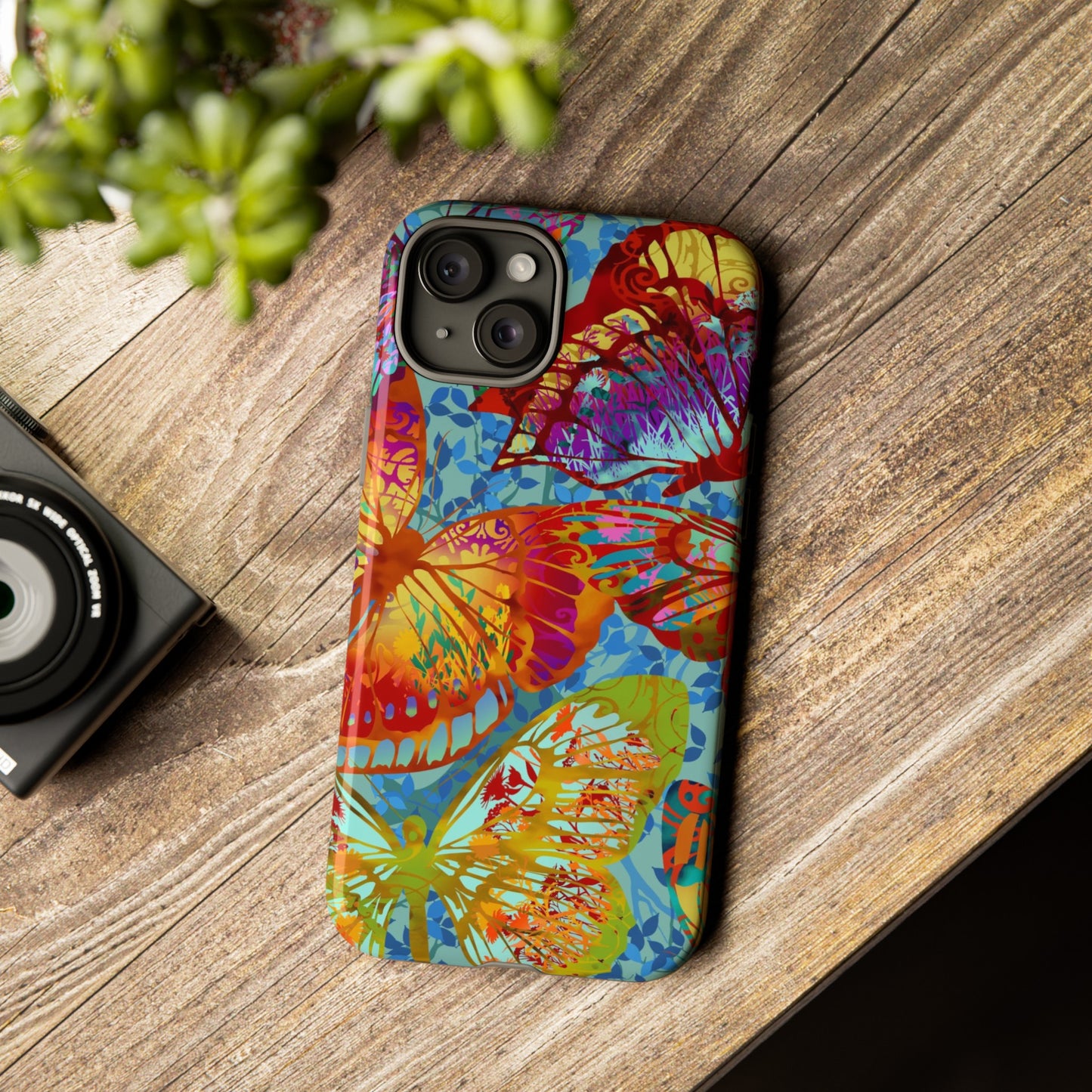 Apple I-Phone 15 (Series) Tough Case-Phone Case:  Dreamscapes [Light Green Butterflies]