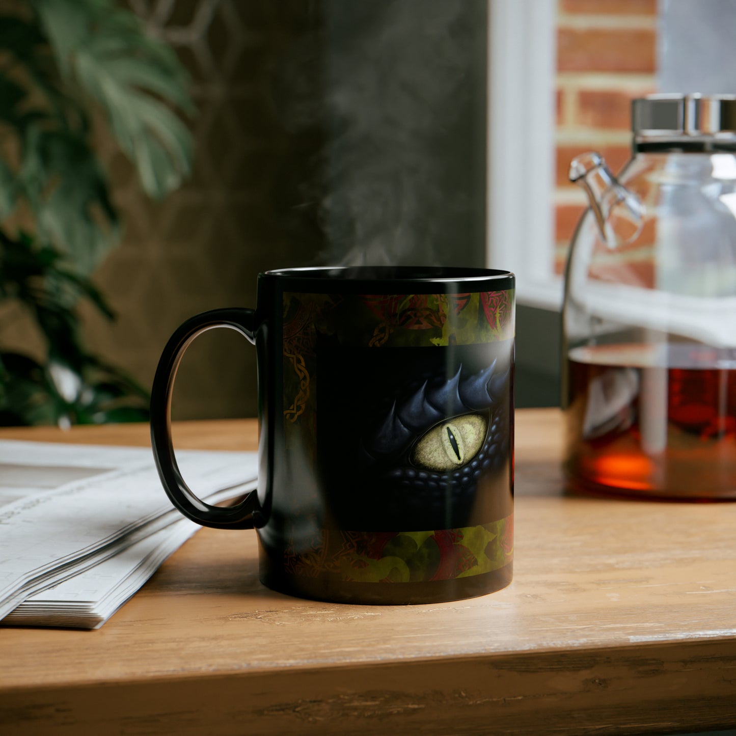 Ceramic Mug:  Black; Dragons [Green Panel-Two Eyes]