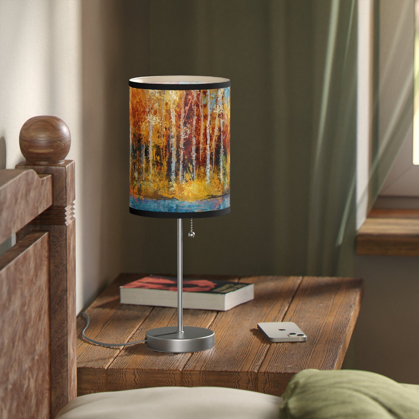 Table Lamp: Silver Base W/Black Trim; The Year of Art-Aspen Trees w/river