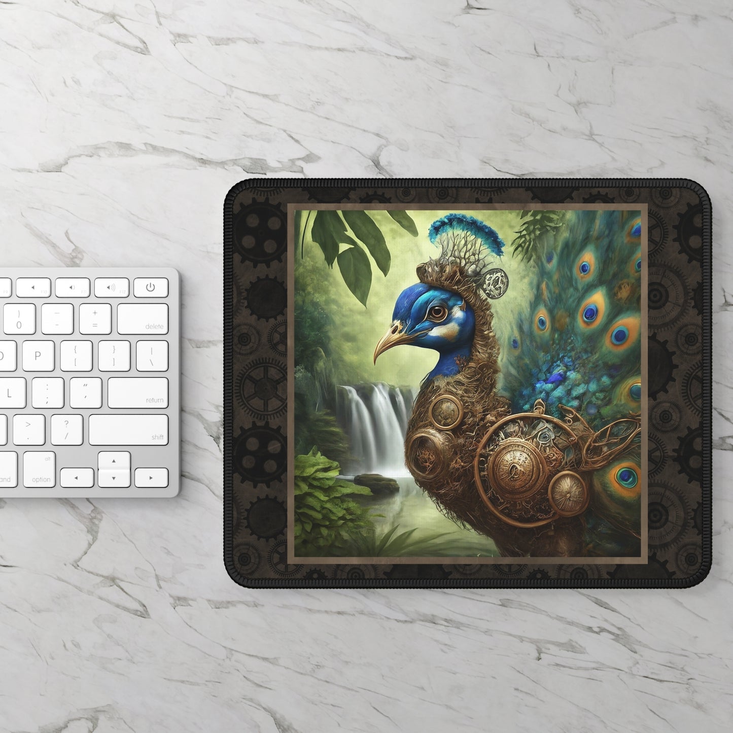 Steampunk Peacock Gaming Mouse Pad — Fantasy Nature Desk Mat