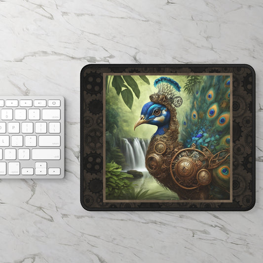 Steampunk Peacock Gaming Mouse Pad — Fantasy Nature Desk Mat