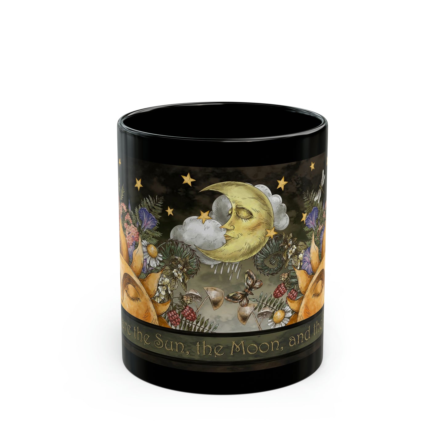 Ceramic Mug:  Black;  "The Sun, The Moon, And the Stars" [Border]