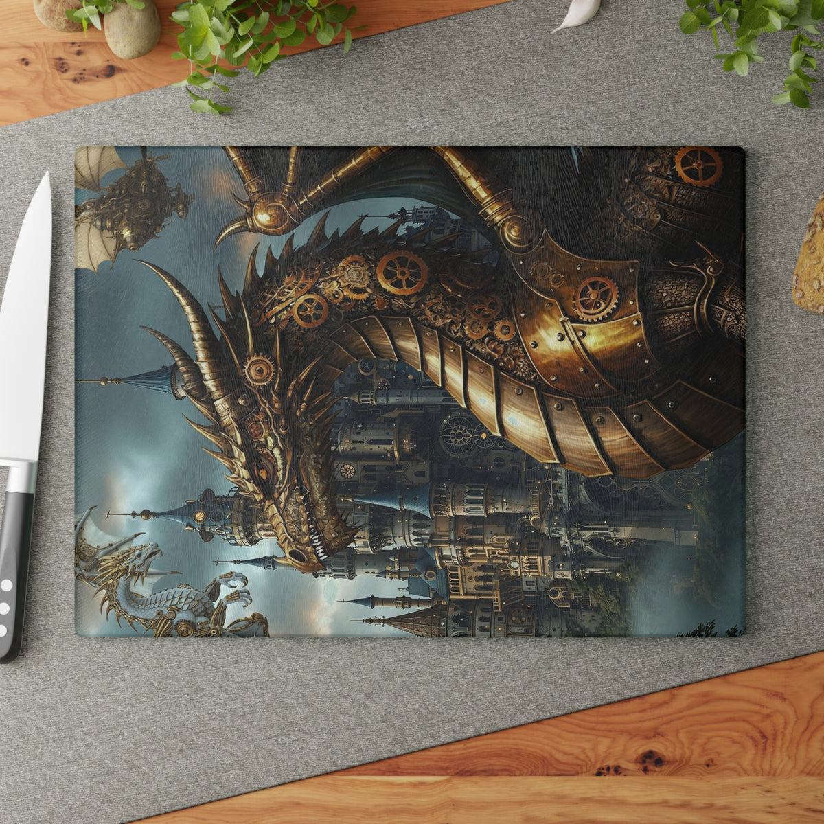 Glass Cutting Board (11"x15"):  Steampunk Dragons [Dragon Head Panel]
