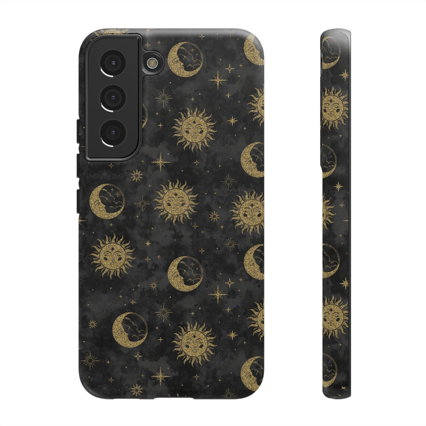 Samsung Galaxy S22 - Tough Case-Phone Case:  Sun, Moon, Stars [Gold Moon, Gold Suns]