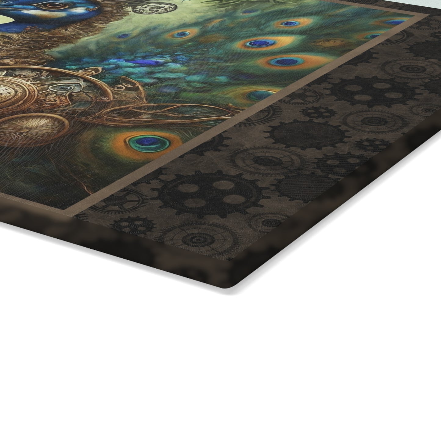 Glass Cutting Board (11"x15"):  Steampunk Animals [Peacock]