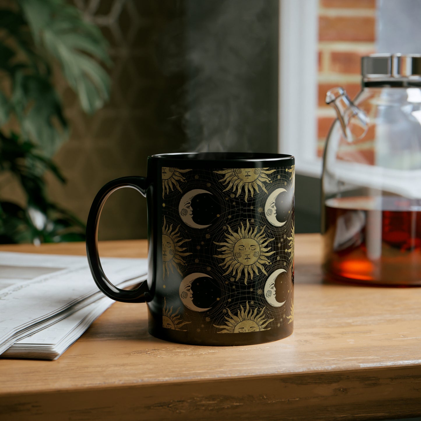 Ceramic Mug:  Black;  "The Sun, The Moon, And The Stars" [Sun and Moon-Gold]