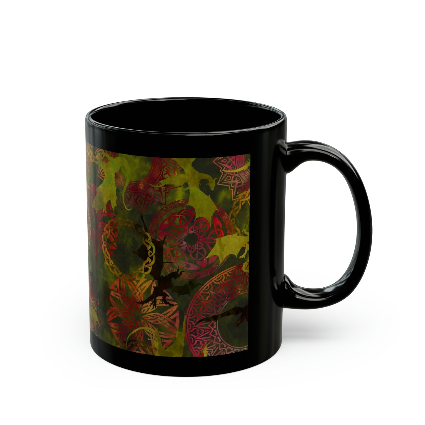 Ceramic Mug:  Black; Dragons [Green Panel]