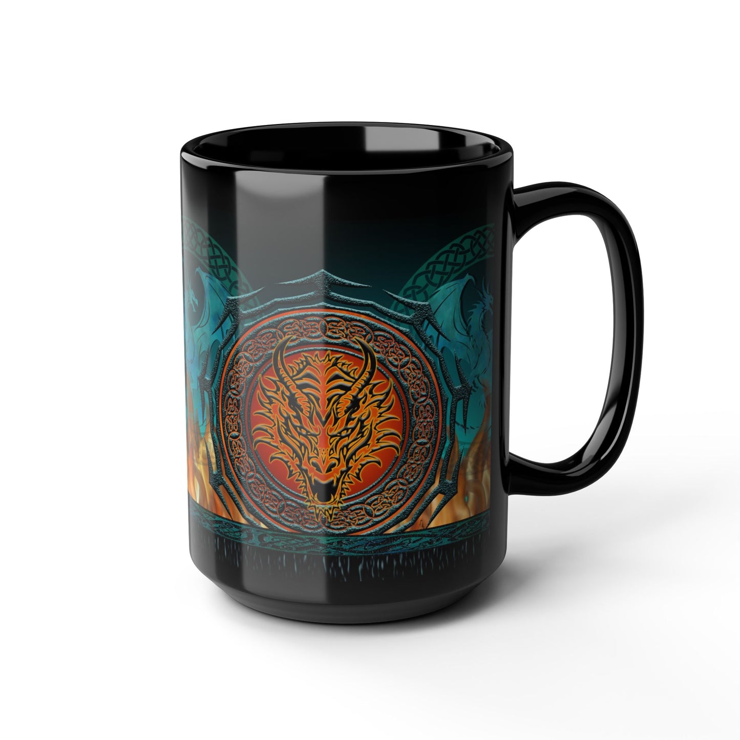 Black Mug-15oz:  "Emerald Dragons" Border