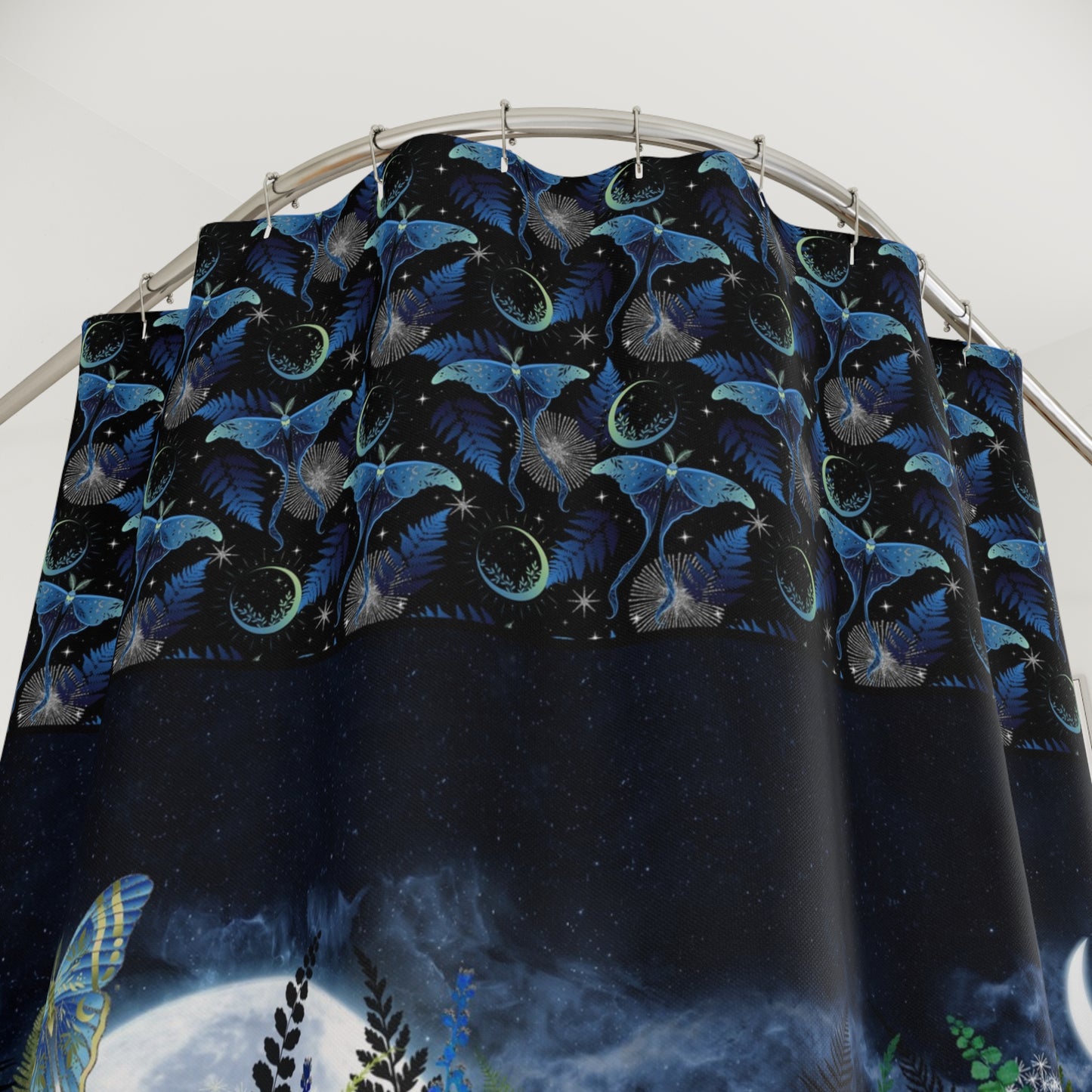 Moon Garden Shower Curtain — Celestial Night Bathroom Decor with Lunar Phases