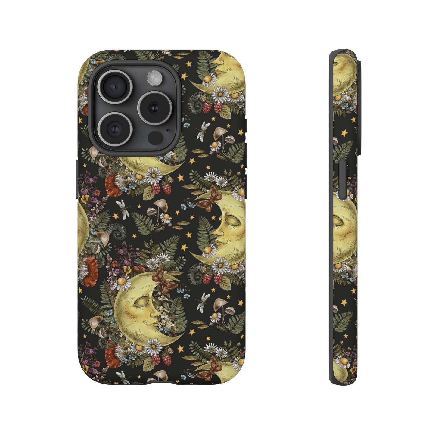Apple I-Phone 15 Tough Case-Phone Case:  The Sun, The Moon, And The Stars [Moons With Flowers-2]