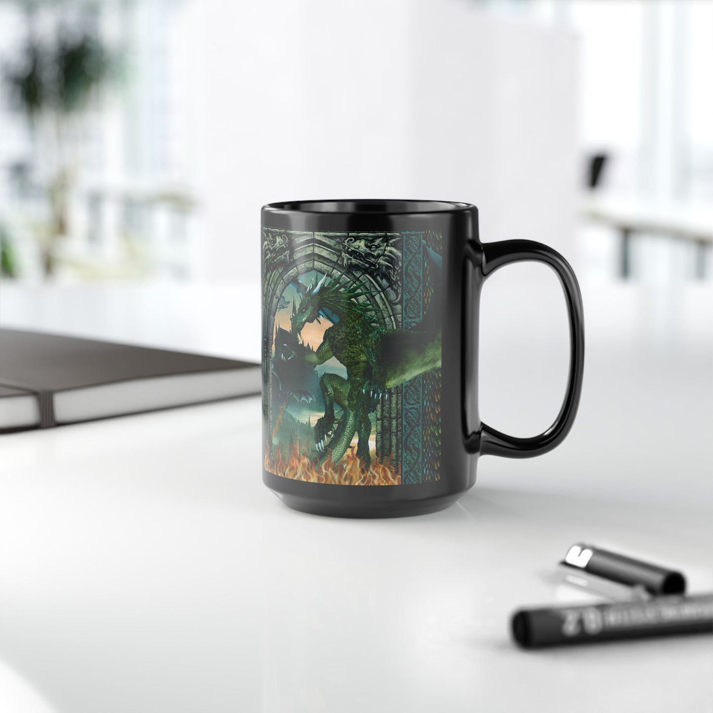 Black Mug-15oz:  "Emerald Dragons" Panel