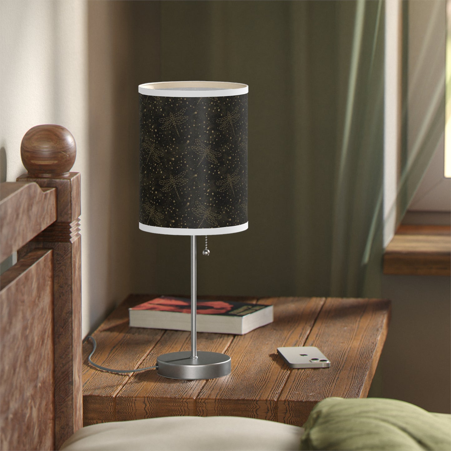Table Lamp: Silver W/Black Trim; The Sun, The Moon, and The Stars [Gold Sparkle Dragonflies]