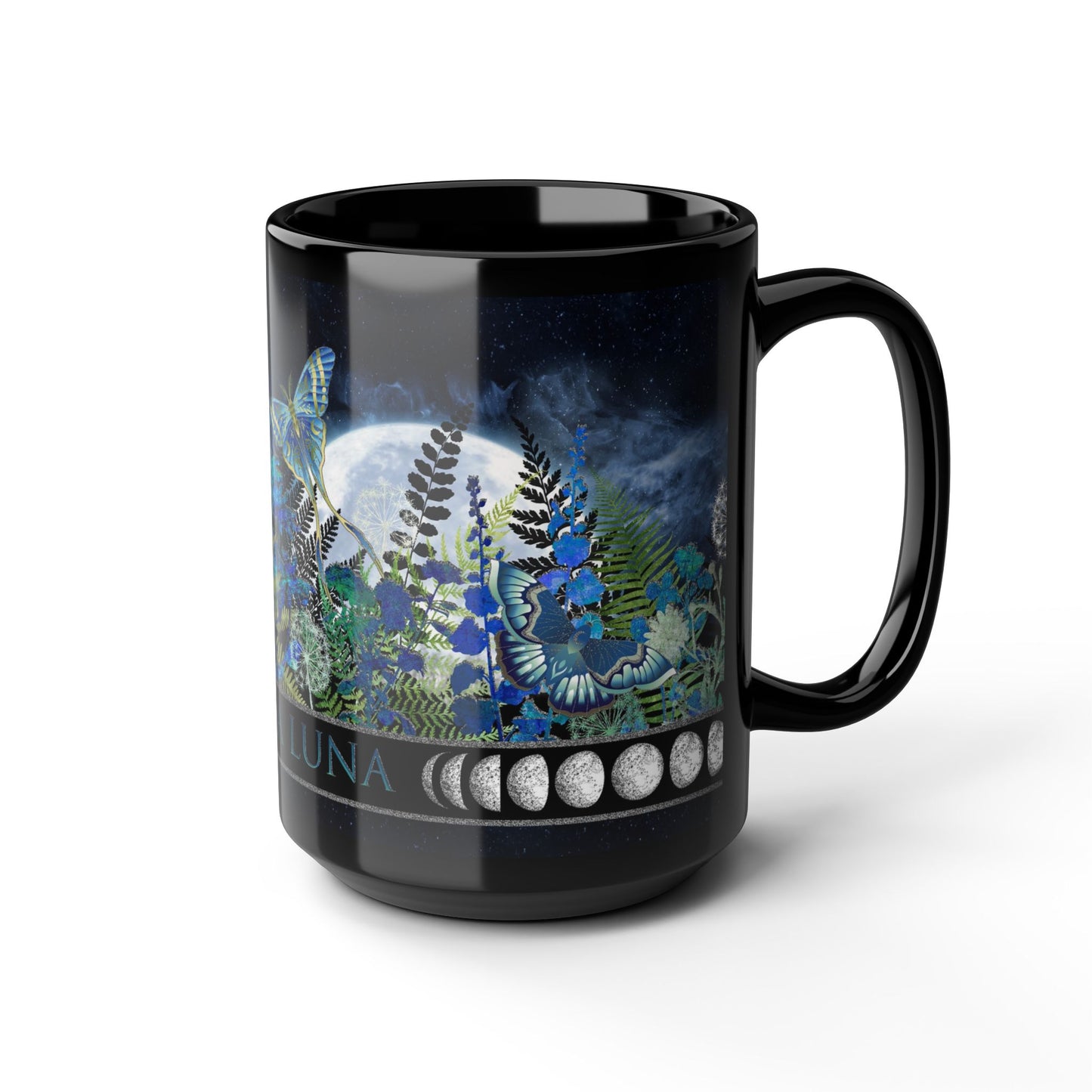 La Luna Moon Phase Floral Mug — Blue Botanical & Butterfly 11oz/15oz