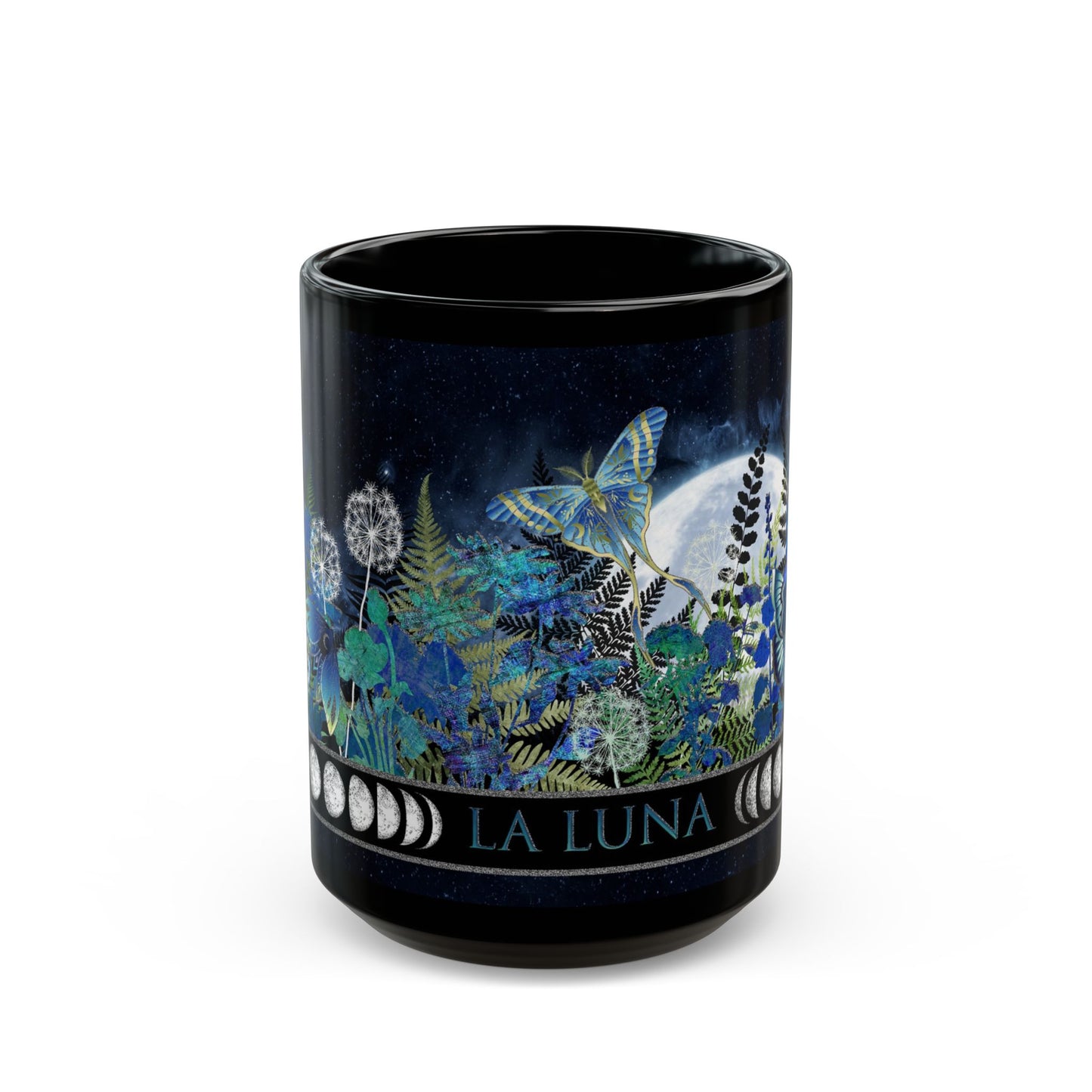 La Luna Moon Phase Floral Mug — Blue Botanical & Butterfly 11oz/15oz