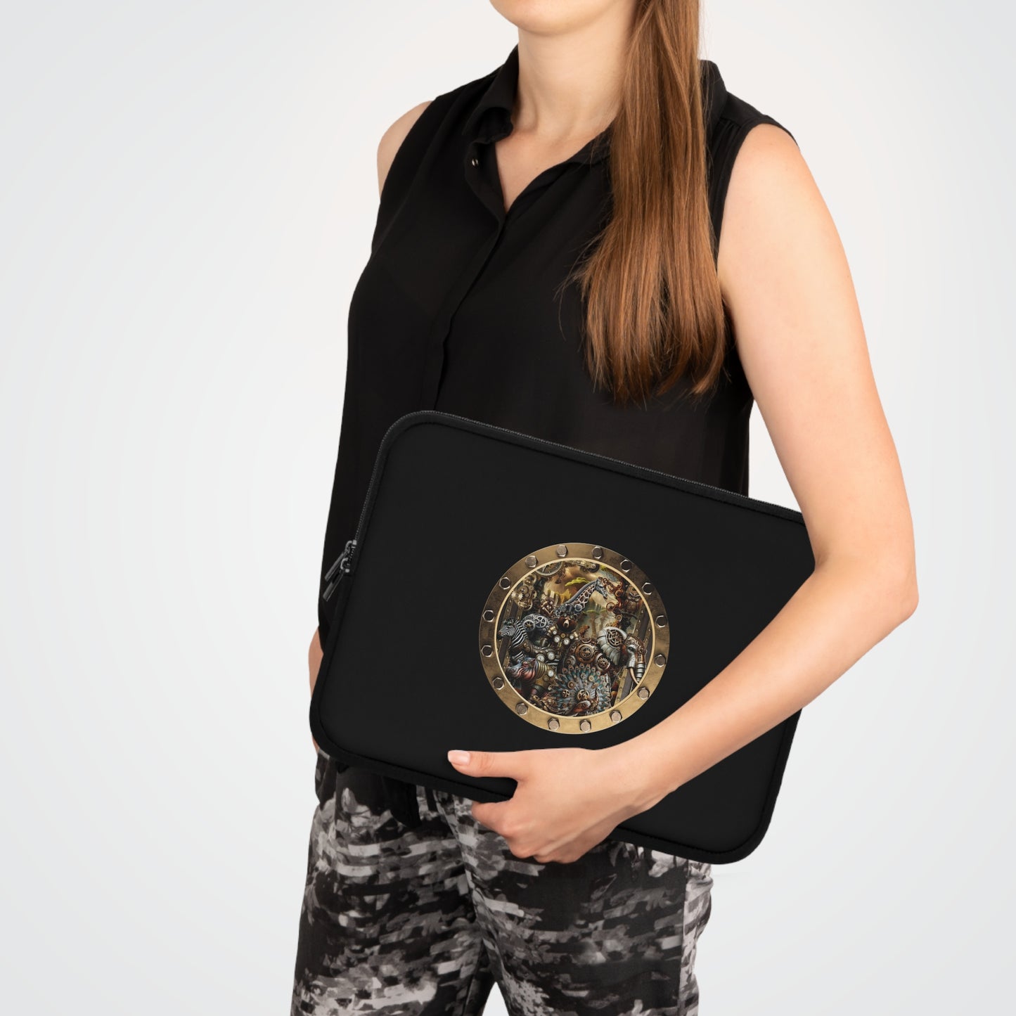 Steampunk Porthole Laptop Sleeve — Vintage Gear & Brass Robot Design