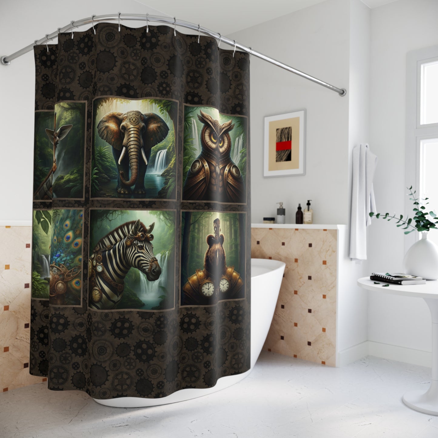 Vintage Steampunk Animal Panel Shower Curtain — Elephant, Owl, Giraffe & More