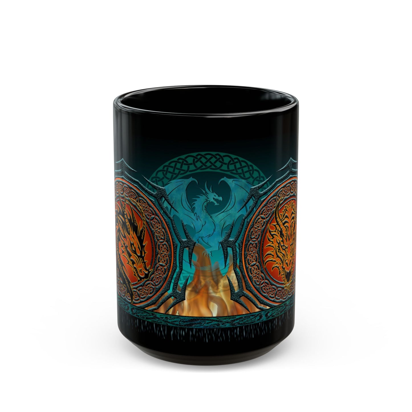 Black Mug-15oz:  "Emerald Dragons" Border