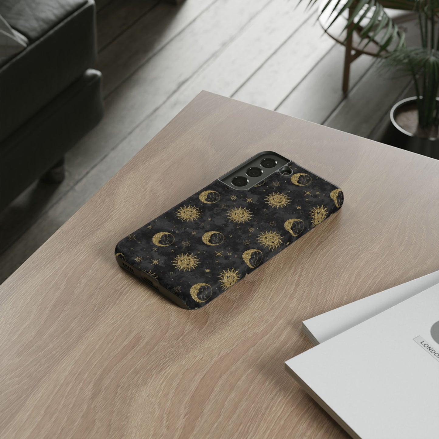 Samsung Galaxy S22 - Tough Case-Phone Case:  Sun, Moon, Stars [Gold Moon, Gold Suns]
