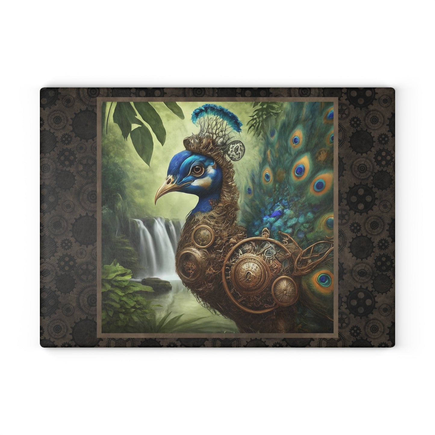 Glass Cutting Board (11"x15"):  Steampunk Animals [Peacock]