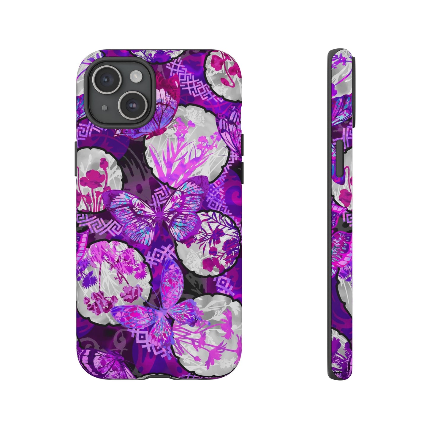 Apple I-Phone 15 (Series) Tough Case-Phone Case:  Dreamscapes [Bright Purple Butterflies]