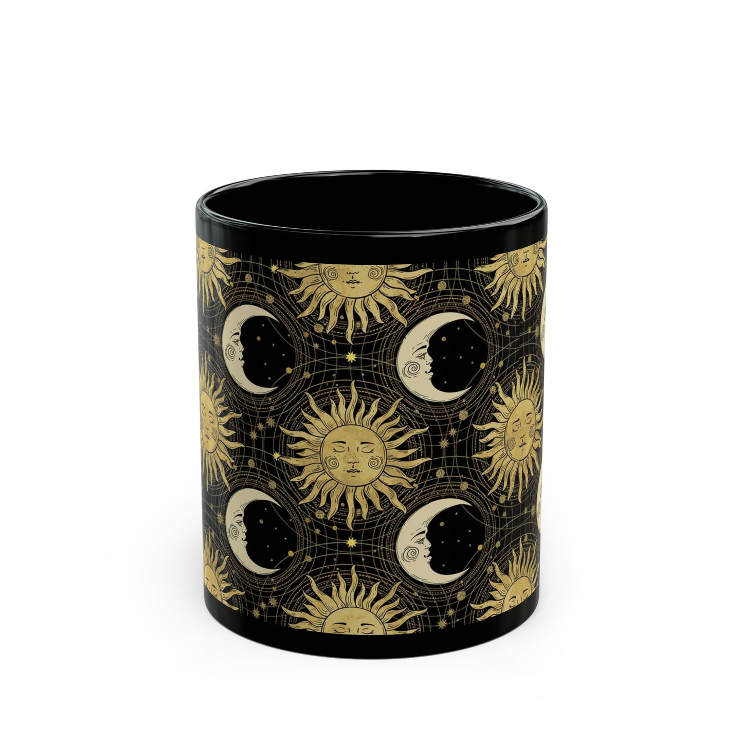 Ceramic Mug:  Black;  "The Sun, The Moon, And The Stars" [Sun and Moon-Gold]