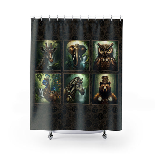 Vintage Steampunk Animal Panel Shower Curtain — Elephant, Owl, Giraffe & More