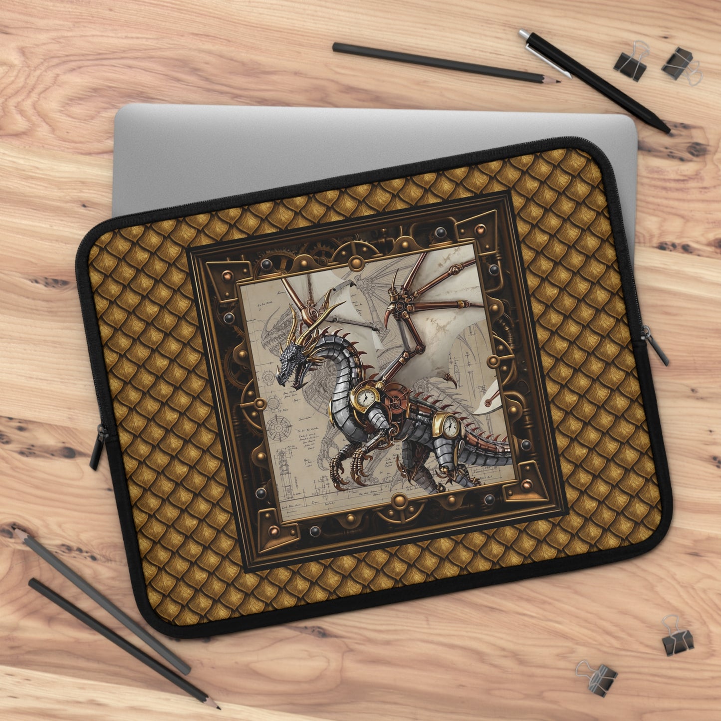 Laptop Sleeve (Sizes:  13", 15", 17"):  Steampunk Dragons [Clock/Wings]