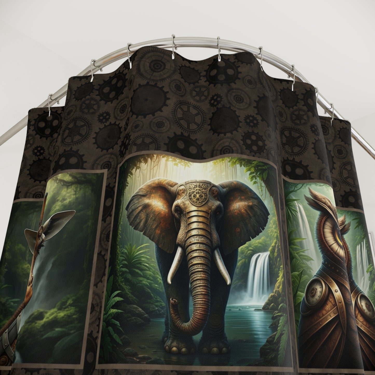 Vintage Steampunk Animal Panel Shower Curtain — Elephant, Owl, Giraffe & More