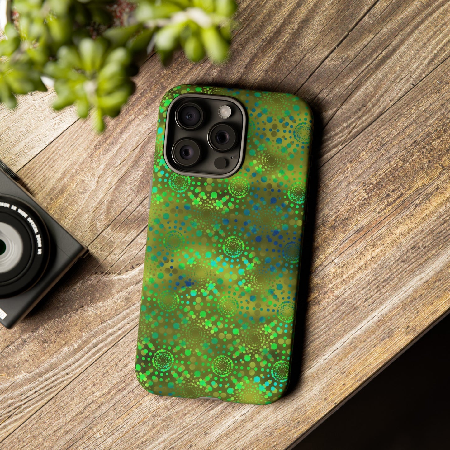 Apple I-Phone 15 (Series)-Tough Case-Phone Case: Dreamscapes [Green Butterflies]-Phone Case:  Dreamscapes [Green Kaleidoscope]