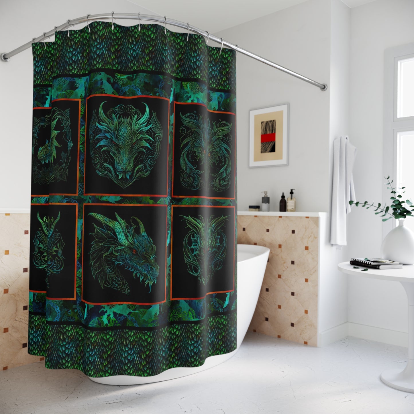 Mystic Green Dragon Shower Curtain — Celtic Fantasy Dragon Panel Bathroom Decor