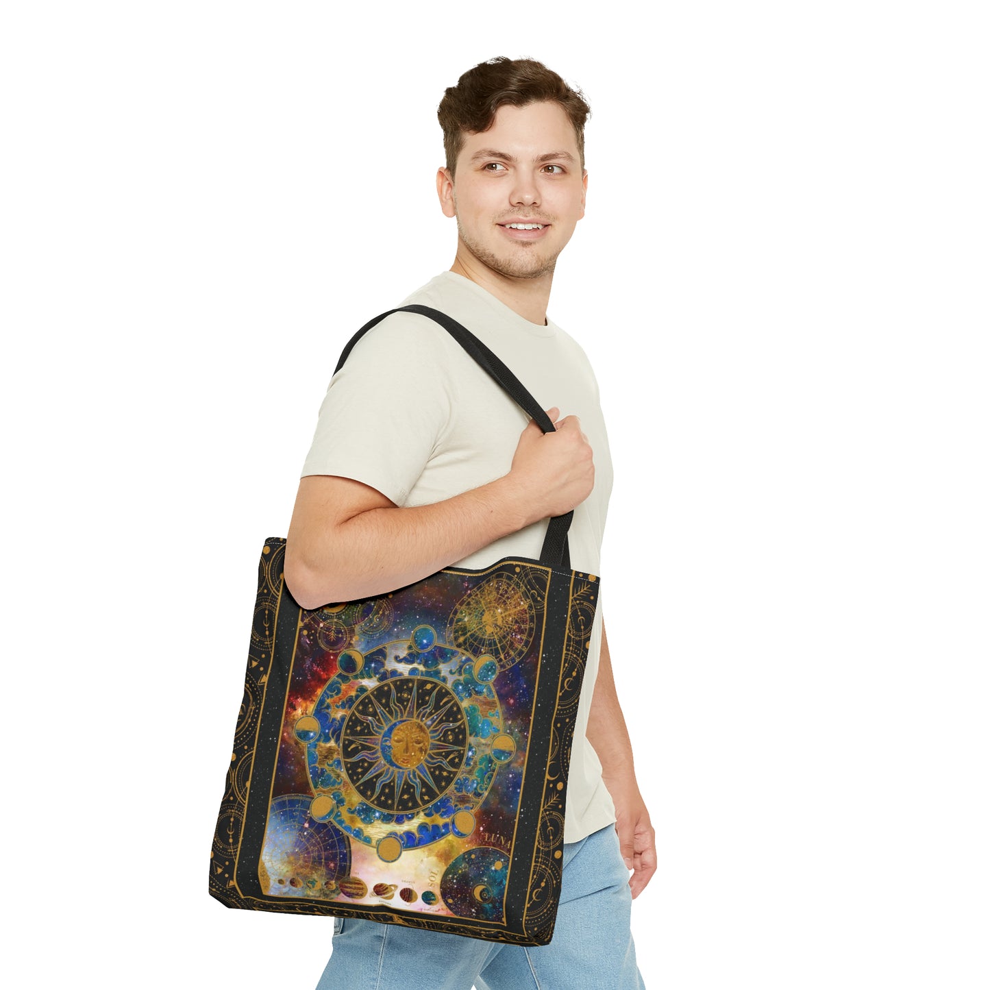 Tote Bag: large-18x18; "Cosmos":  Celestial Panel, Gold Background]
