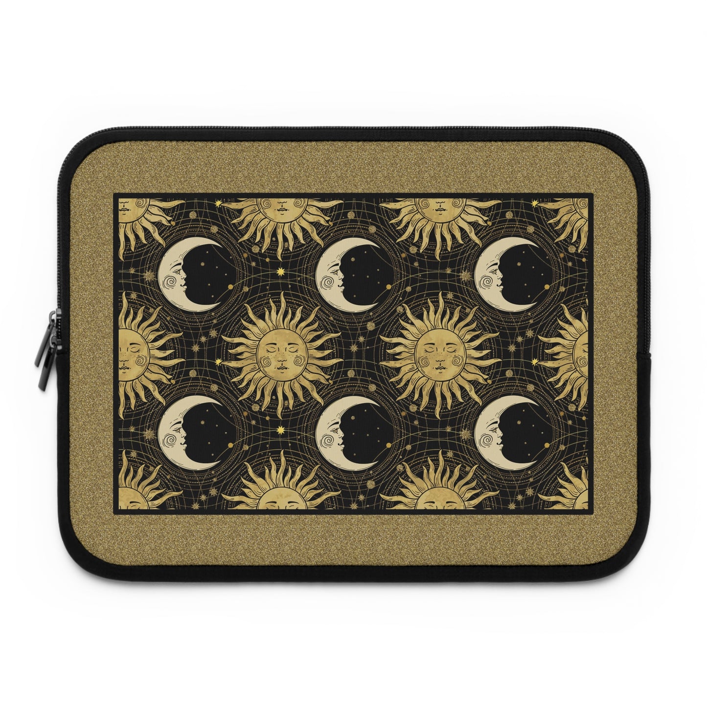 Laptop Sleeve  (Sizes:  13", 15", 17") [Sun, Moon, Stars]:  Gold Bkg, Black Sun and Moon.