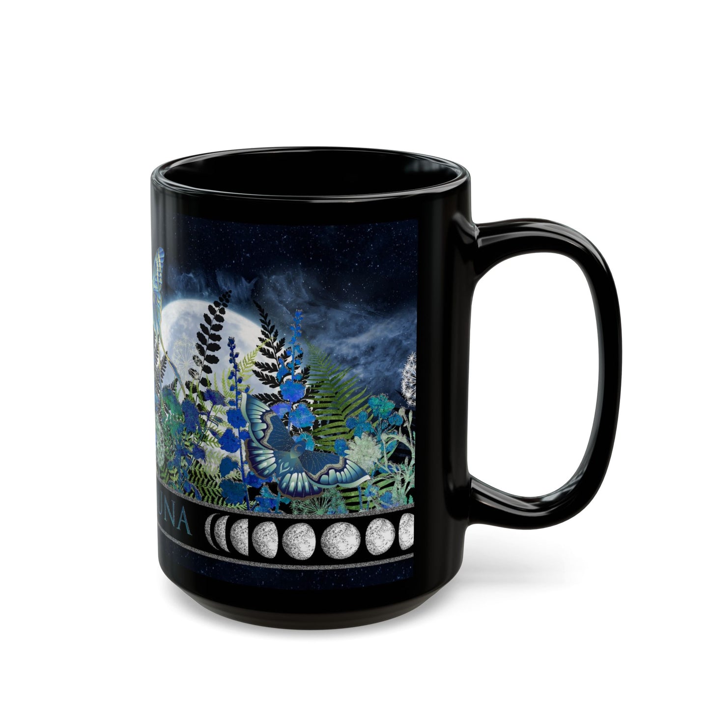 La Luna Moon Phase Floral Mug — Blue Botanical & Butterfly 11oz/15oz