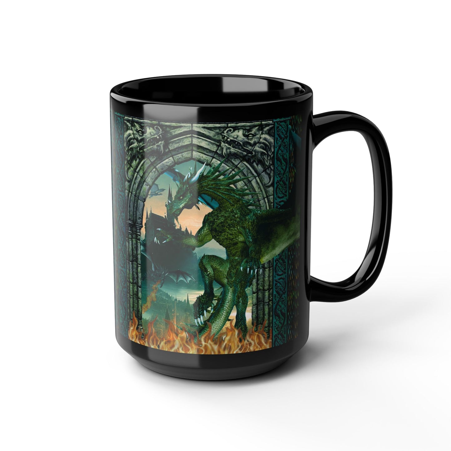Black Mug-15oz:  "Emerald Dragons" Panel