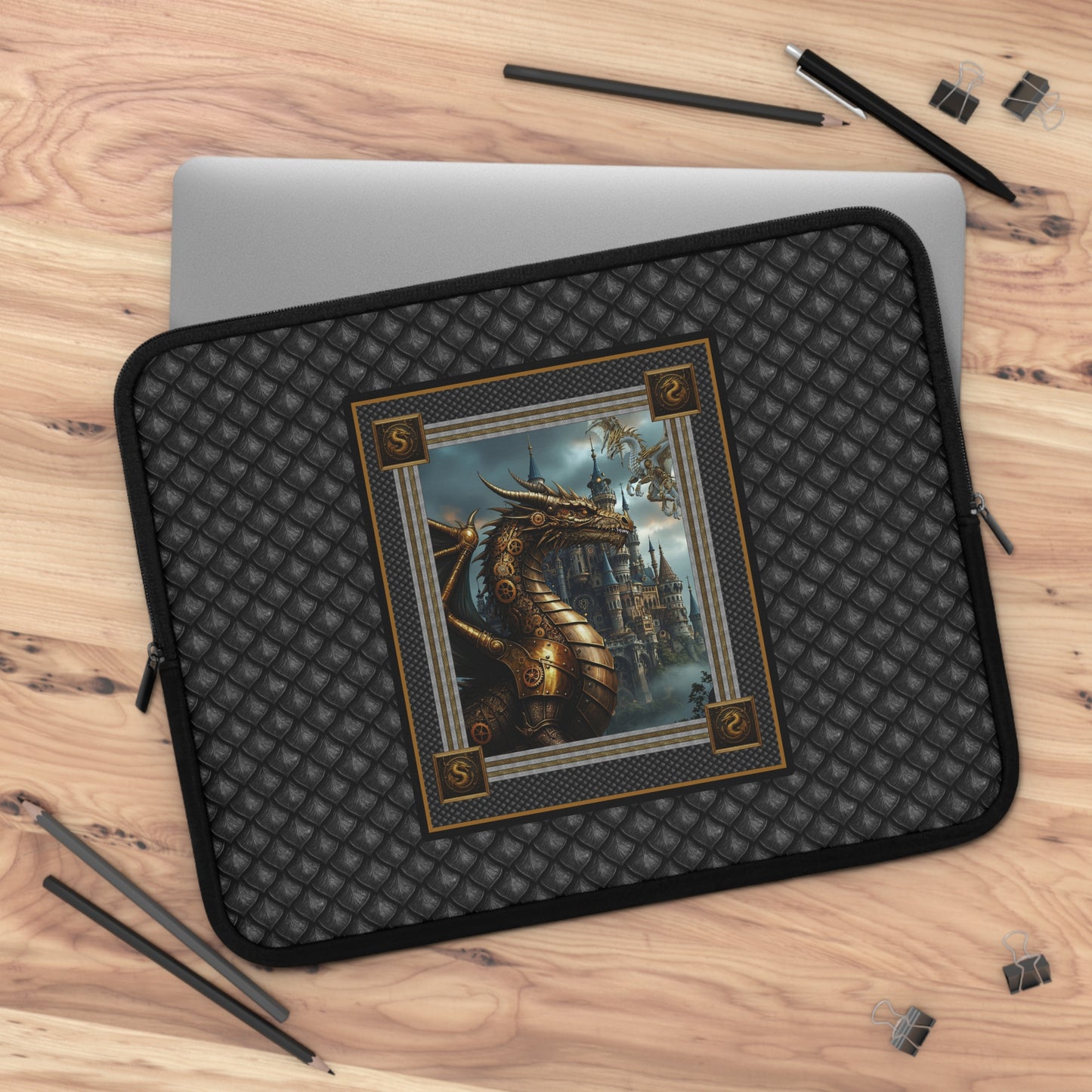 Laptop Sleeve (Sizes:  13", 15", 17"):  Steampunk Dragons [Dragon Panel - Black Scales]