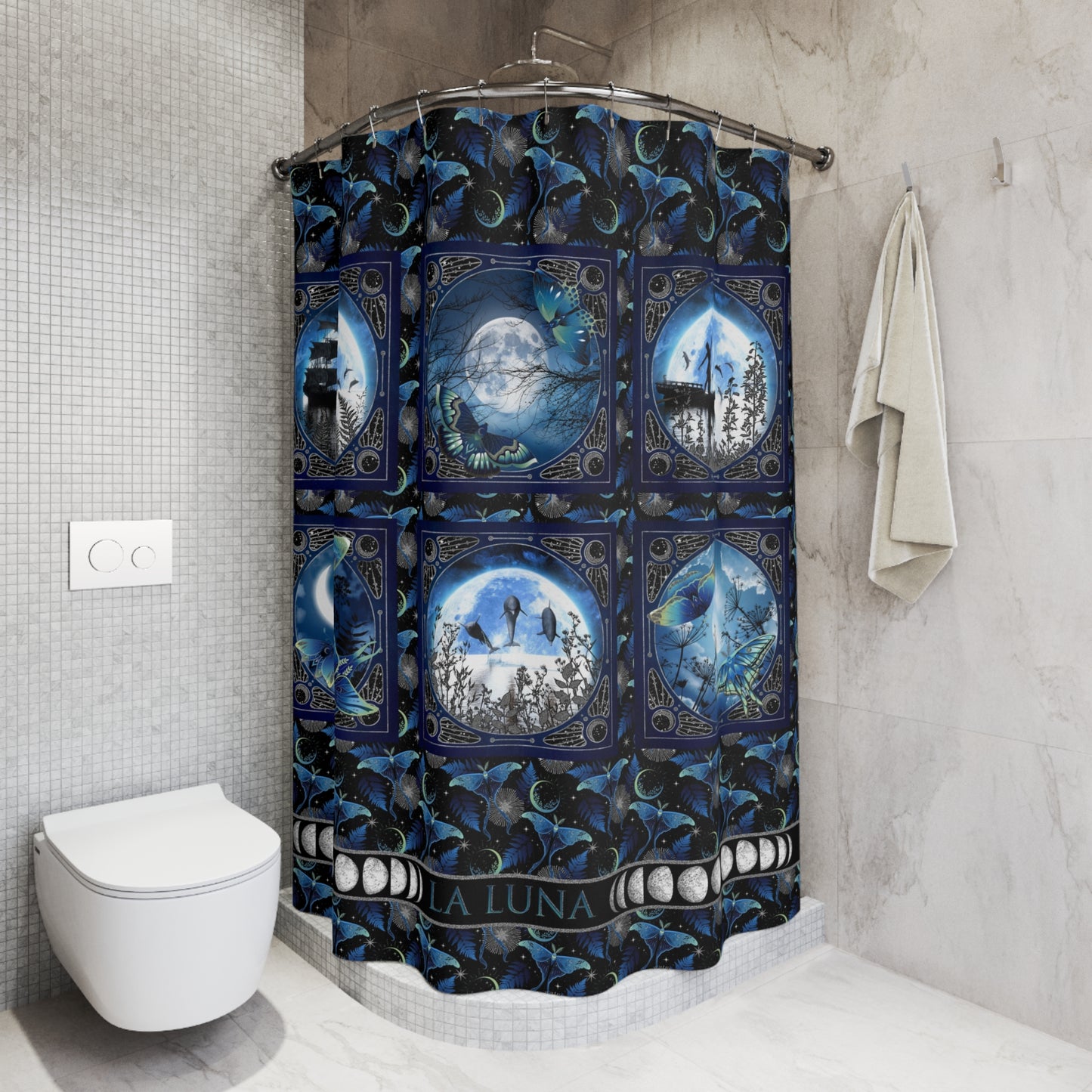 Moon Phases Shower Curtain — Blue Gothic Moonlight Panel Design