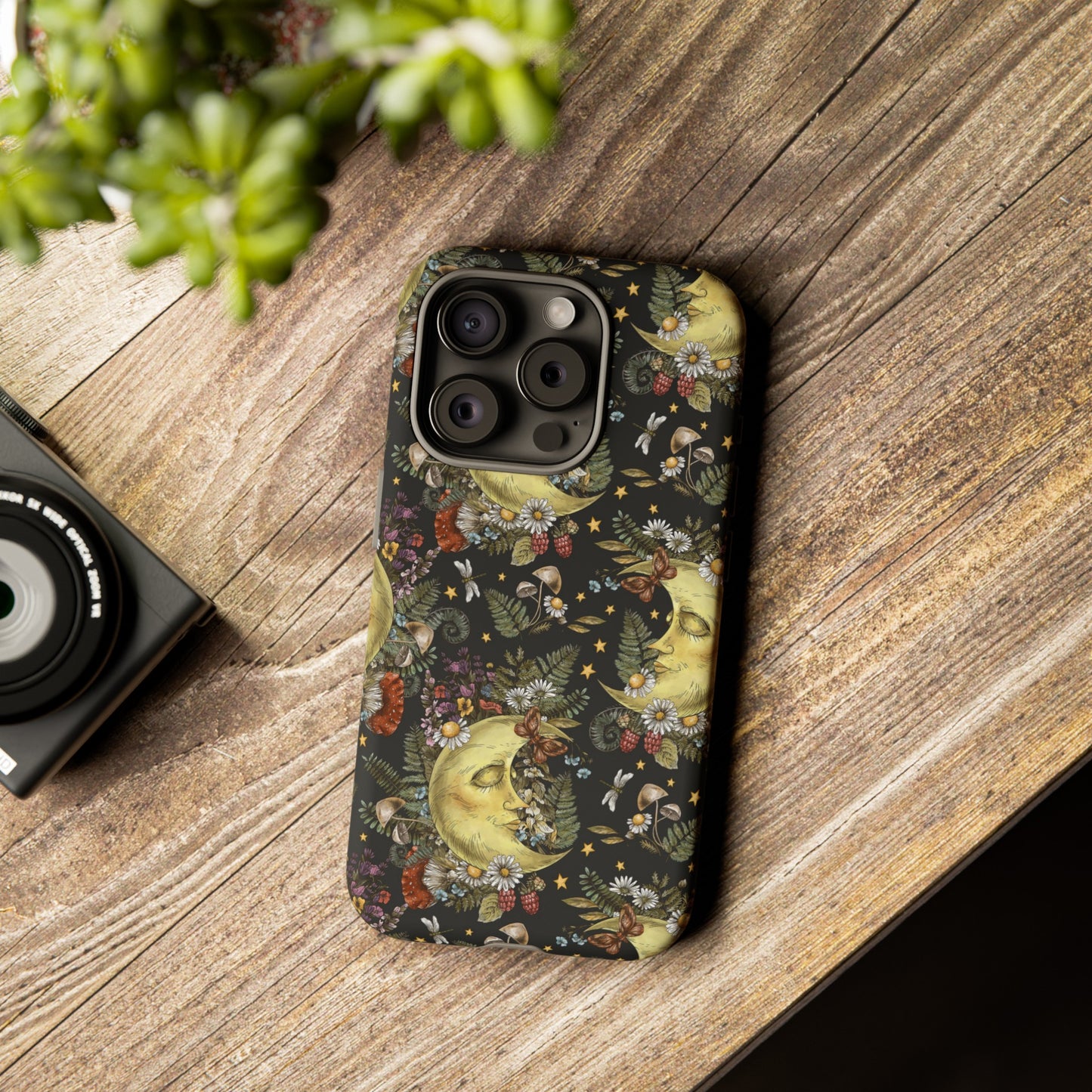 Apple I-Phone 15 Tough Case-Phone Case:  The Sun, The Moon, And The Stars [Moons With Flowers-2]