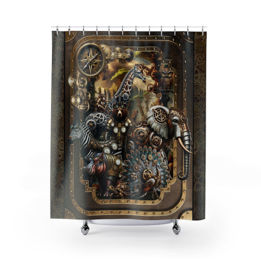 Steampunk Safari Shower Curtain — Giraffe, Bear & Owl Vintage Mechanical Design