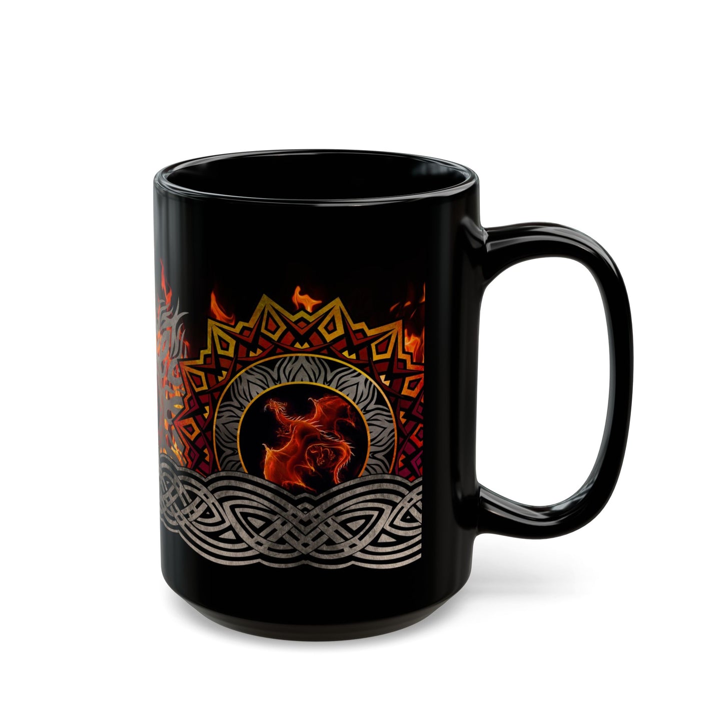 Black Mug-15oz:  "Red Dragons" Border