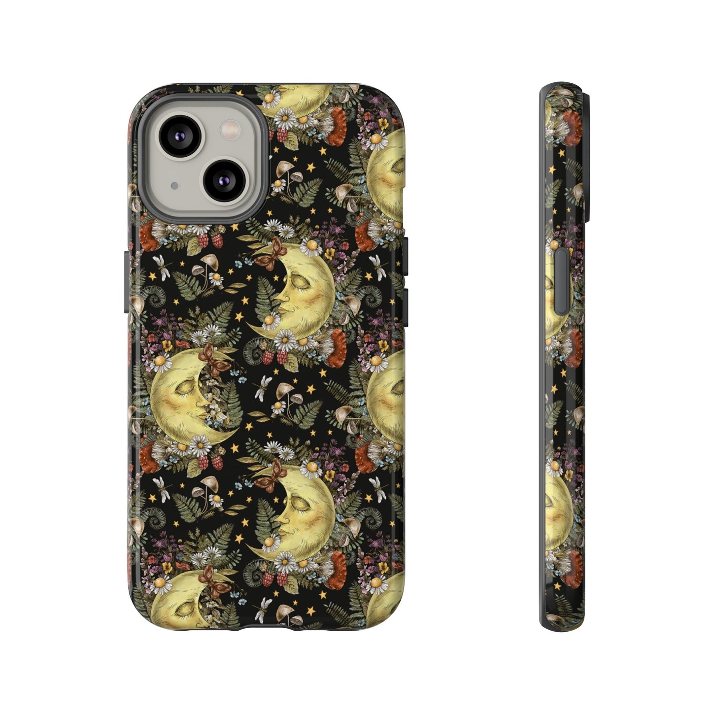 Apple I-Phone 14 Tough Case-Phone Case: The Sun, The Moon, And The Stars [Moon With Flowers]
